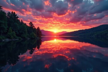 Fototapeta premium Serene lake mirrors fiery sunset, vibrant cloudscape above lush banks , vibrant, view