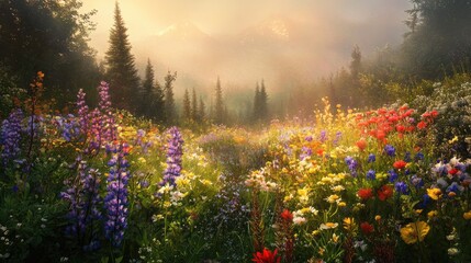 Fototapeta premium Colorful Field of Wildflowers Under Misty Morning Light with Majestic Mountains in Background