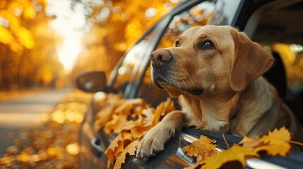 A dog enjoying a scenic autumn ride with leaves in a car window.