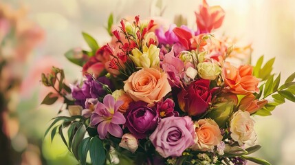 Vibrant Floral Arrangement with Multicolored Blooms and Fresh Greenery in a Soft Natural Light Setting