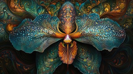 Fototapeta premium Vibrant and Colorful Abstract Orchid Flower with Intricate Patterns and Textures in a Dreamlike Setting