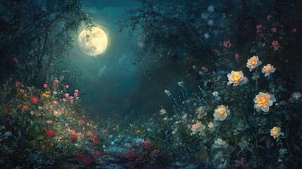 Fototapeta premium Enchanted Moonlit Garden with Lush Flowers Under a Bright Full Moon in Mysterious Night Atmosphere