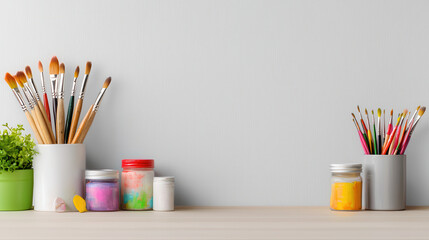 creative art workstation with colorful brushes, paints, and sketches