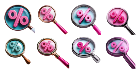 Magnifying Glasses with Percentage Symbols in Bright Colors, PNG bundle collection, Isolated on Transparent Background