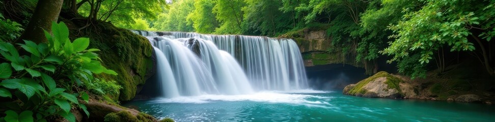 Fototapeta premium Banias Nature Reserve's cascading waterfall Lush greenery frames powerful water flow , cascade, travel, plants