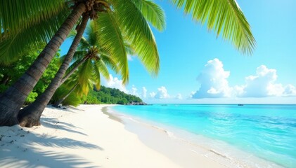 Obraz premium Azure water laps white sand, lush palms sway gently , vegetation, exotic