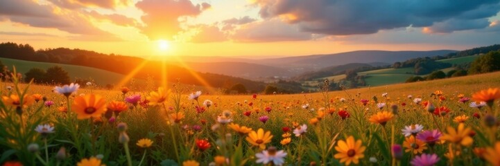 Golden light bathes a floral meadow as the sun sets over rolling hills , hills, evening
