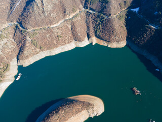 Aerial winter view of Vacha Reservoir, Bulgaria