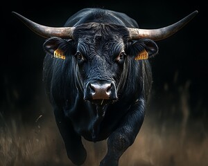 Naklejka premium Powerful black bull charges forward with dangerous curved horns