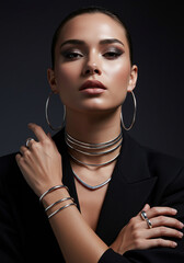 Joia em prata 925 &ndash; Anel, colar, pulseira e brincos elegantes, sofisticados e brilhantes. Acess&oacute;rio de moda refinado para mulheres, fotografia de produto em alta qualidade.