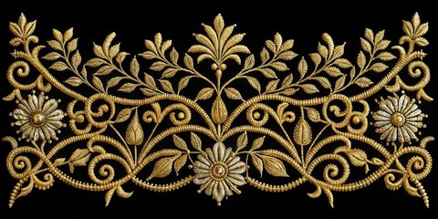 Elegant and sophisticated gold thread embroidery on a black background
