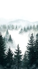 Fototapeta premium Misty forest landscape with tall trees and mountain backdrop