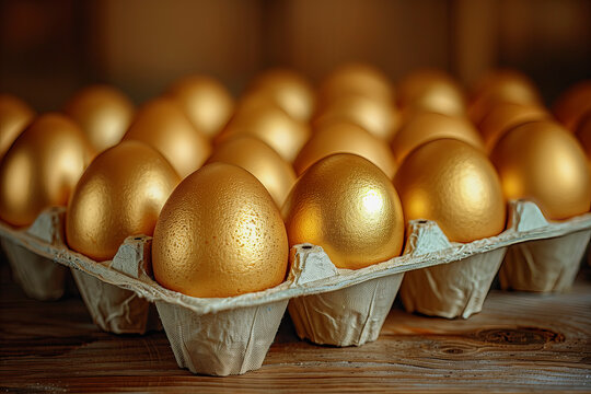 Gold eggs in a carton, concept of the high cost of eggs, expensive Easter eggs, finding the golden egg, or building a nest egg - Powered by Adobe