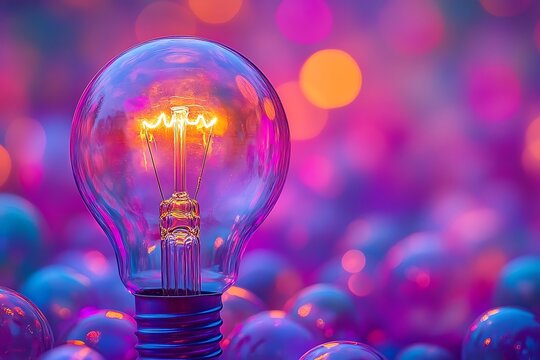 Glowing Light Bulb in Vibrant Purple and Orange Bokeh