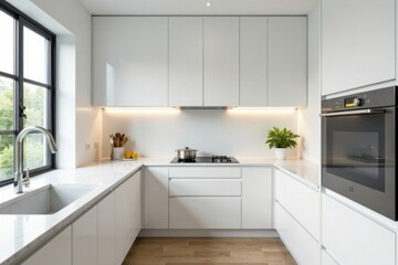 Sleek white kitchen, minimalist backsplash, recessed lighting, recessed lighting, minimalist