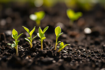 "Close-Up View of Young Green Seedlings Emerging from Rich Soil: Early Stages of Plant Growth"