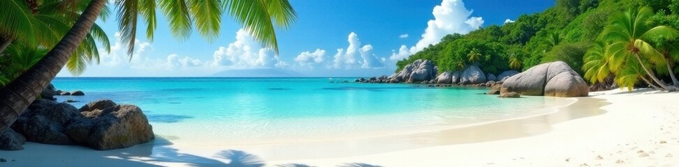 Obraz premium White sand beach, crystal clear water, lush greenery backdrop , lush, image, asset