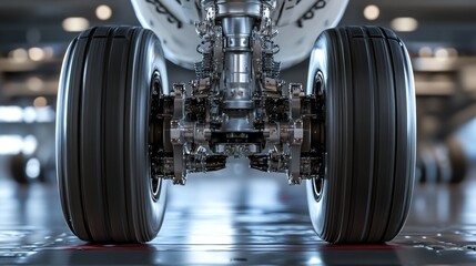 Fototapeta premium Close-up view of an aircraft landing gear showcasing wheels and mechanical components.
