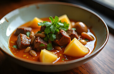 A bowl of Massaman curry with slow cooked beef potatoes and roasted peanuts in a thick coconut sauce