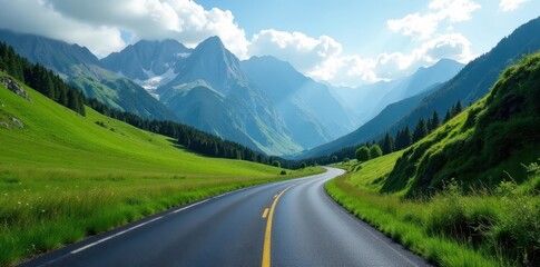 Fototapeta premium Asphalt ribbon cuts through majestic Highlands Verdant slopes, towering peaks , scottish highlands, scotland, forest