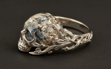 Naklejka premium Silver Skull Ring with Intricate Leaf Detailing and Mottled Blue-Gray Stone