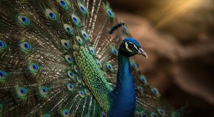 Fototapeta premium Elegant Peacock Posture in Natural Habitat with a Scenic Background