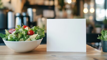 Restaurant table featuring a nutrition salad bowl and an empty white sign perfect for displaying daily updates or creative messaging.