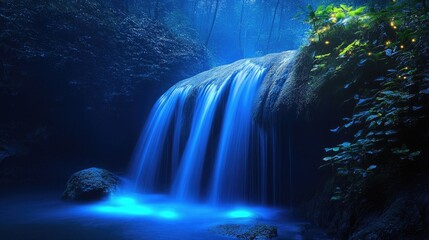 Tranquil Waterfall in Serene Blue Forest with Soft Light and Misty Atmosphere