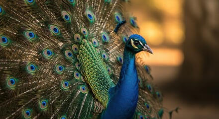 Obraz premium Stunning Patterns of a Peacock's Feathers in Close-Up with a Natural Background