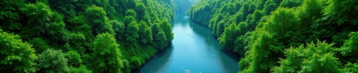 Emerald delta, vibrant blue river snakes through dense foliage High-altitude shot , natural, foliage