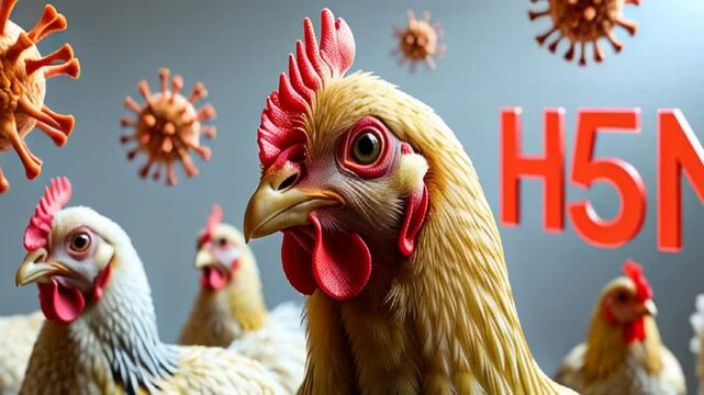 chicken close up with H5N1 sign on poultry farm