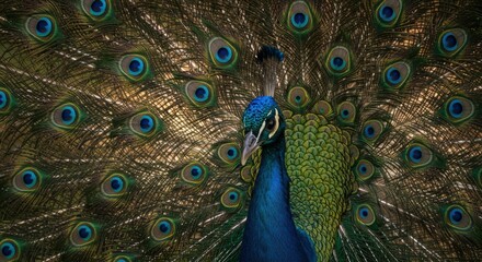 Fototapeta premium Colorful Peacock Tail Spread in Nature with a Lush Background