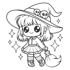 Cute girl becomes a witch, for coloring