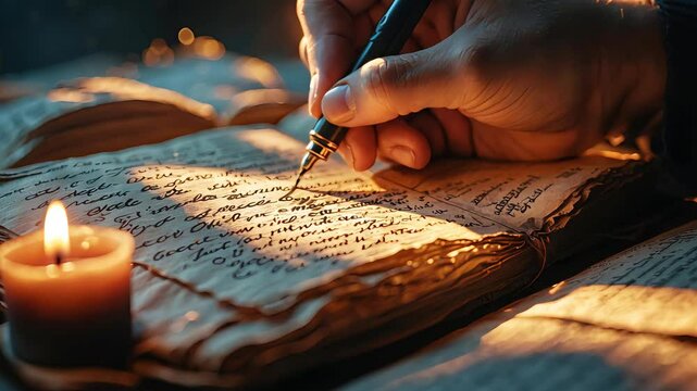 Ancient handwritten manuscript being written by candlelight with elegant calligraphy script
