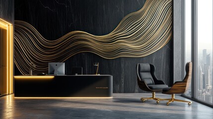 Modern reception desk, gold abstract wall art, city view