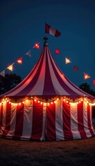 Classic striped circus tent at night, festive bunting, sparkling illumination , show, festive