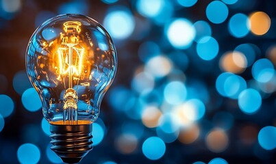 Glowing Lightbulb with Blue Bokeh Background