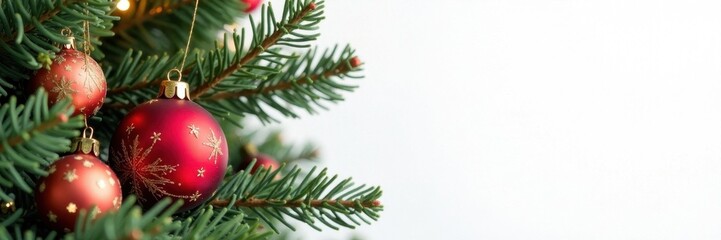 Shimmering ornaments & lush pine sprigs against pure white , vintage, holiday decor, sparkly