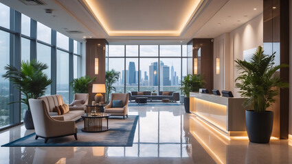 Fototapeta premium Sleek modern hotel lobby with golden furniture ivory couch high ceiling and panoramic city views through large windows Hotel Interior Design Inspiration