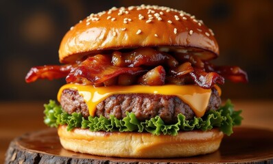 Juicy bacon cheeseburger on table
