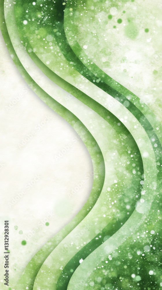 Aufkleber Green flowing waves swirling across white textured backdrop, creating elegant abstract design with soft bokeh lighting effect