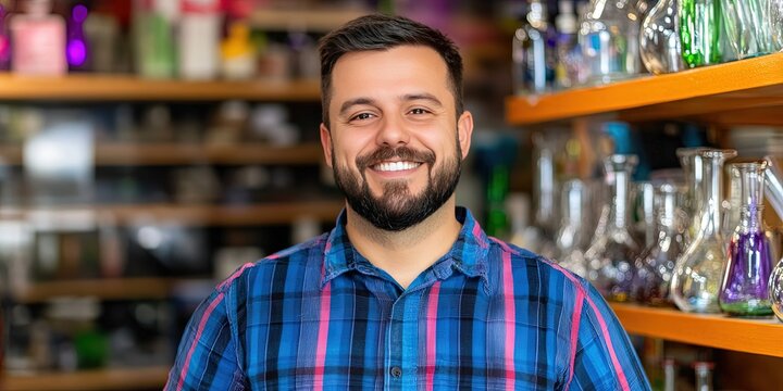 friendly entrepreneur standing in bong shop 