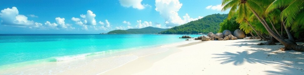 Naklejka premium White sand beach, crystal clear water, lush greenery backdrop , nature, sea