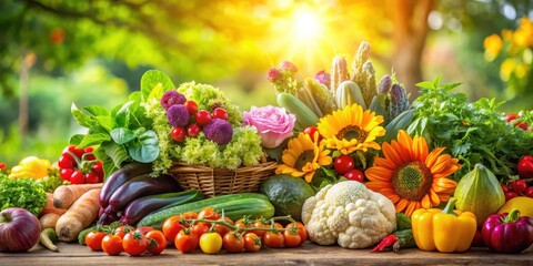 A vibrant array of fresh vegetables from a colorful garden in full bloom on a sunny day, with various leafy greens and colorful flowers surrounding the produce , Vibrant colors, Flowers
