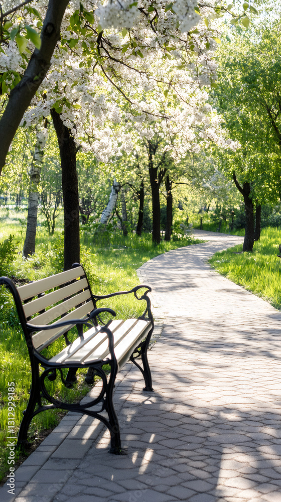 Poster wooden bench standing on a paved path in a park with blooming trees, creating a peaceful and invitin