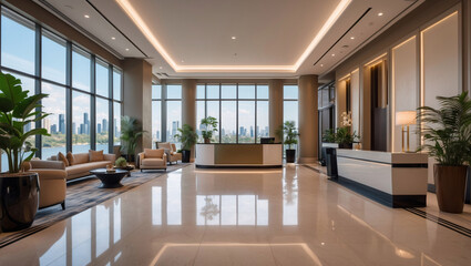 Fototapeta premium Sophisticated hotel lobby design with ivory couch golden furniture expansive city view and high ceiling with wide windows Hotel Interior Design Inspiration