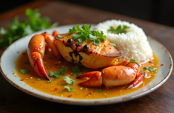 A sizzling plate of Thai style stir fried soft shell crab with yellow curry sauce served with jasmine rice