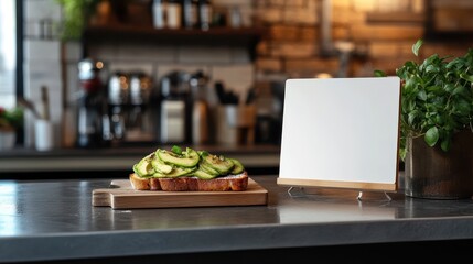 Avocado toast on chopping block prepare on a kitchen island with a white notice board placed beside it, awaiting daily specials and announcement.