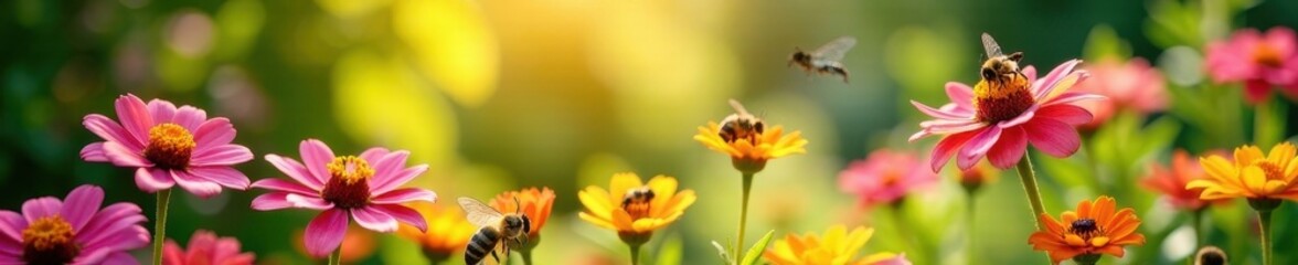 Sun-drenched garden overflowing with summer blossoms Bees buzzing, butterflies flitting , nature, background, lush