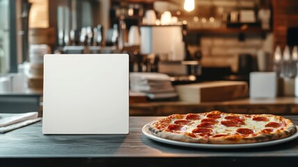 Baked pizza plate on italian cafe table with a blank white sign next to it, perfect for displaying cafe specials or creative messages.